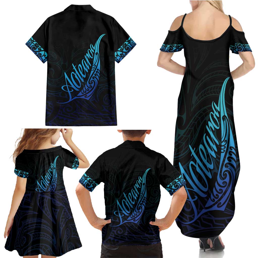 Aotearoa New Zealand Family Matching Summer Maxi Dress and Hawaiian Shirt Koru Fern Blue Gradient LT05 - Polynesian Pride