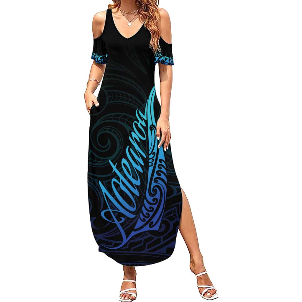 Aotearoa New Zealand Family Matching Summer Maxi Dress and Hawaiian Shirt Koru Fern Blue Gradient LT05 Mom's Dress Blue - Polynesian Pride