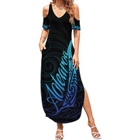 Aotearoa New Zealand Family Matching Summer Maxi Dress and Hawaiian Shirt Koru Fern Blue Gradient LT05 Mom's Dress Blue - Polynesian Pride