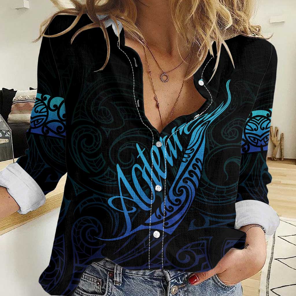 Aotearoa New Zealand Women Casual Shirt Koru Fern Blue Gradient