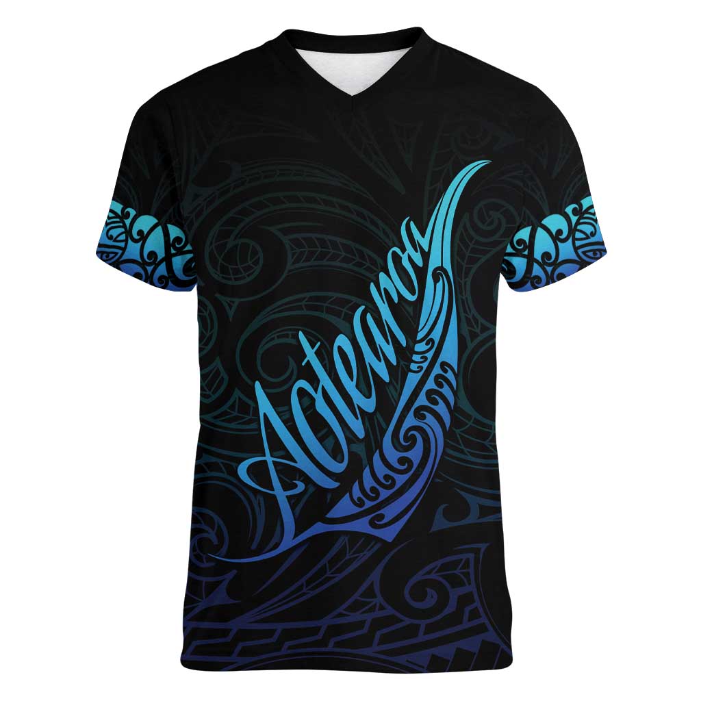 Aotearoa New Zealand Women V-Neck T-Shirt Koru Fern Blue Gradient