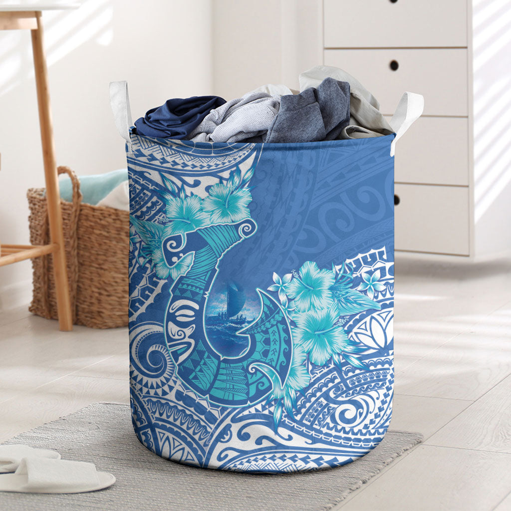 Hawaii Discoverers Day Laundry Basket Polynesian Fish Hook With Hibiscus Blue