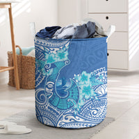 Hawaii Discoverers Day Laundry Basket Polynesian Fish Hook With Hibiscus Blue