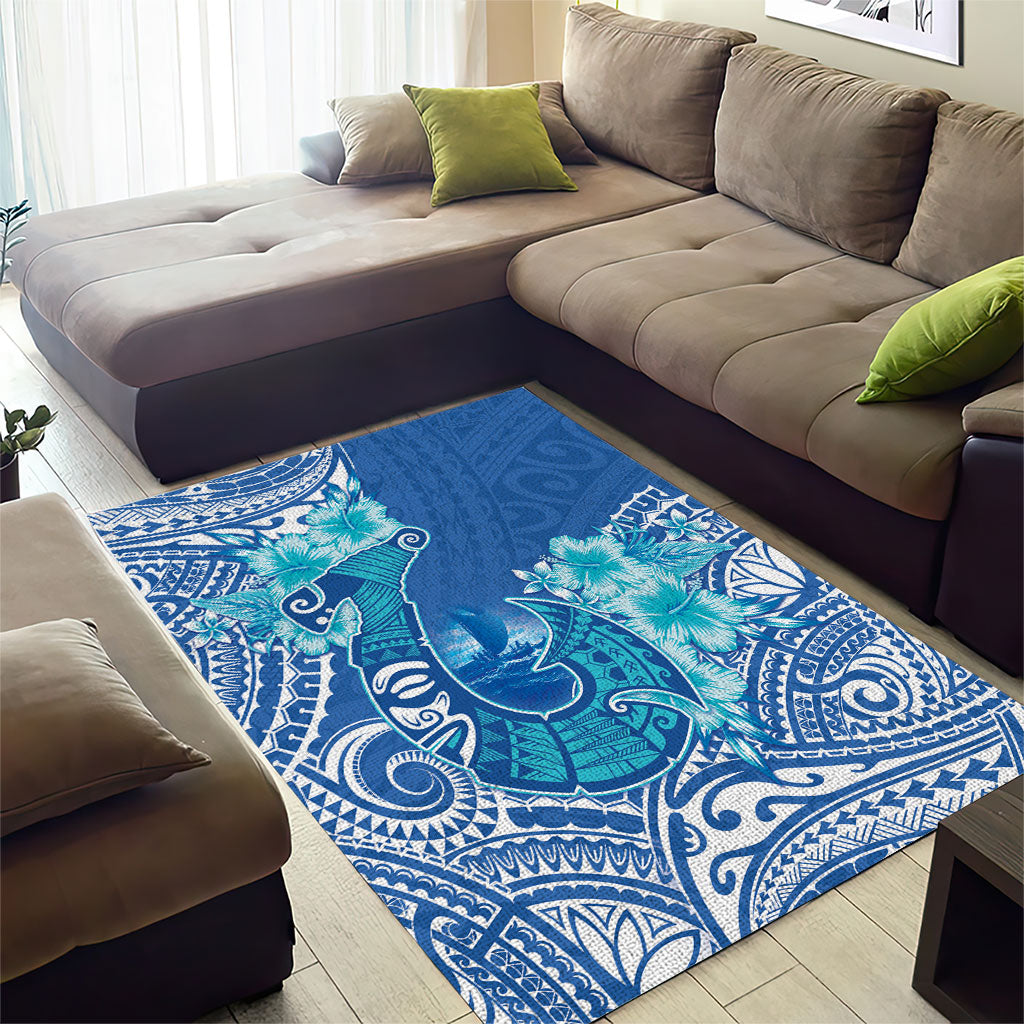 Hawaii Discoverers Day Area Rug Polynesian Fish Hook With Hibiscus Blue