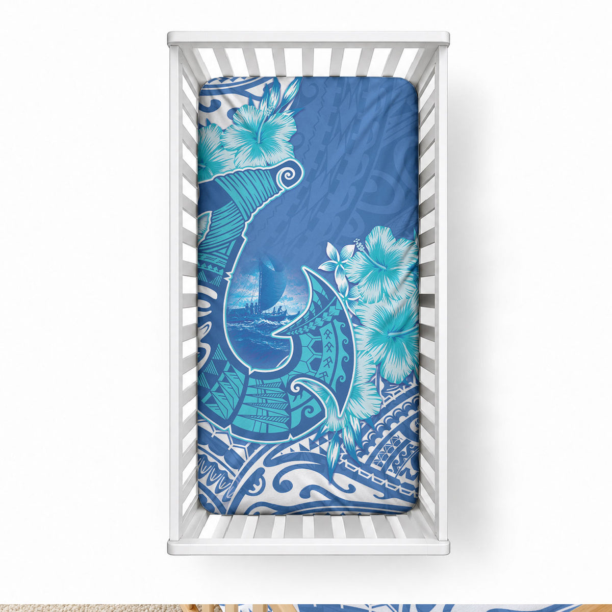 Hawaii Discoverers Day Baby Bed Cover Polynesian Fish Hook With Hibiscus Blue LT05 28 × 52 in Blue - Polynesian Pride