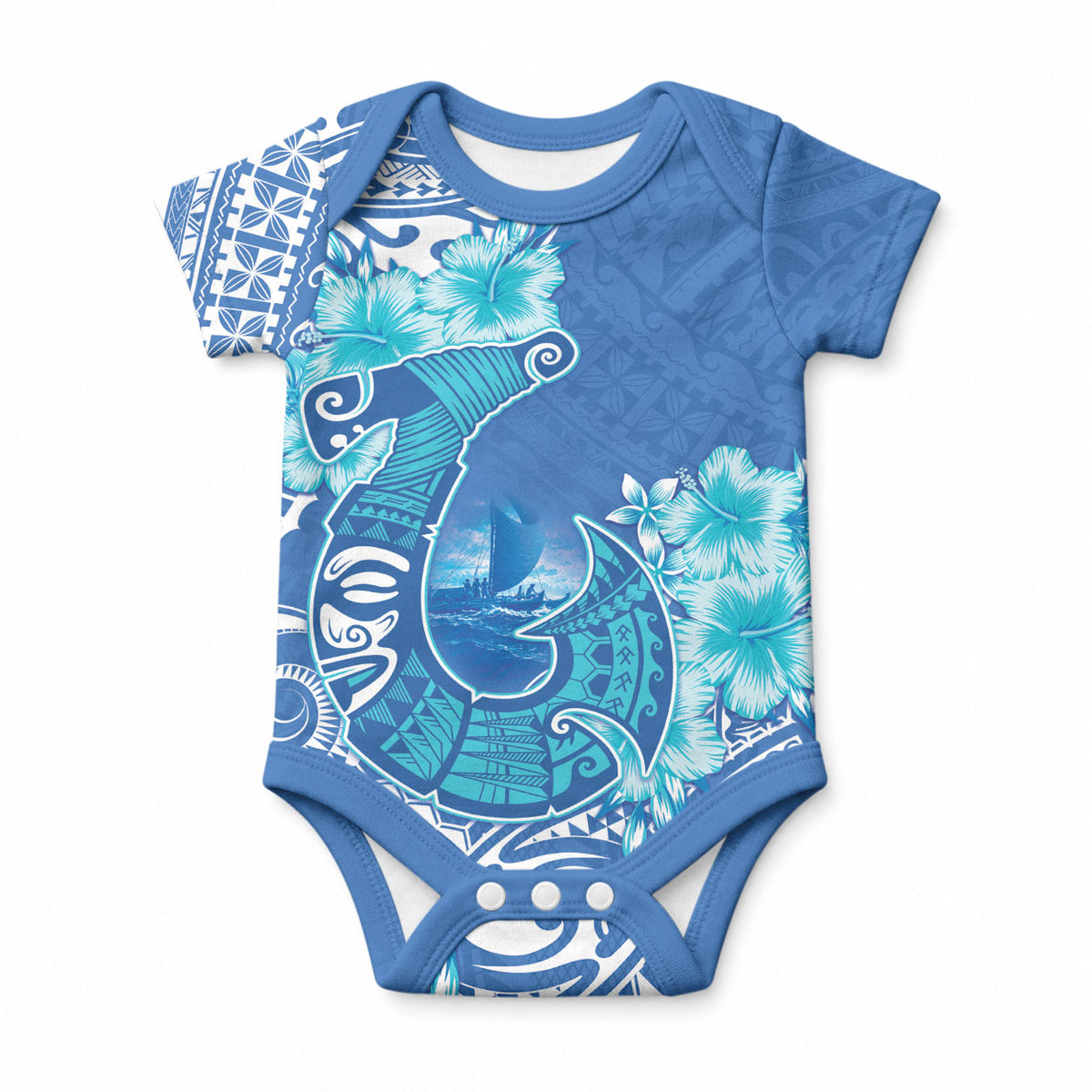 Hawaii Discoverers Day Baby Onesie Polynesian Fish Hook With Hibiscus Blue LT05 Blue - Polynesian Pride