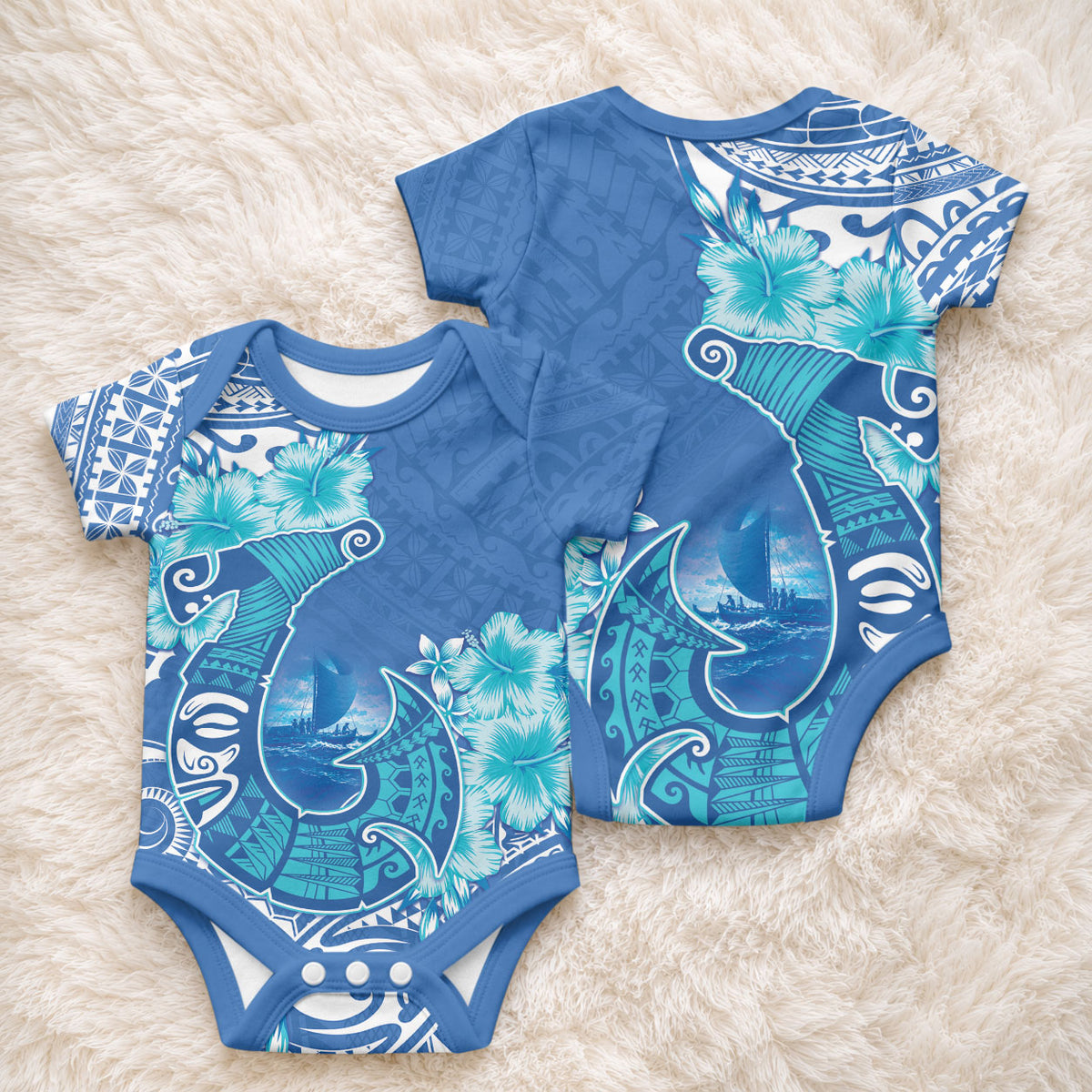 Hawaii Discoverers Day Baby Onesie Polynesian Fish Hook With Hibiscus Blue LT05 - Polynesian Pride