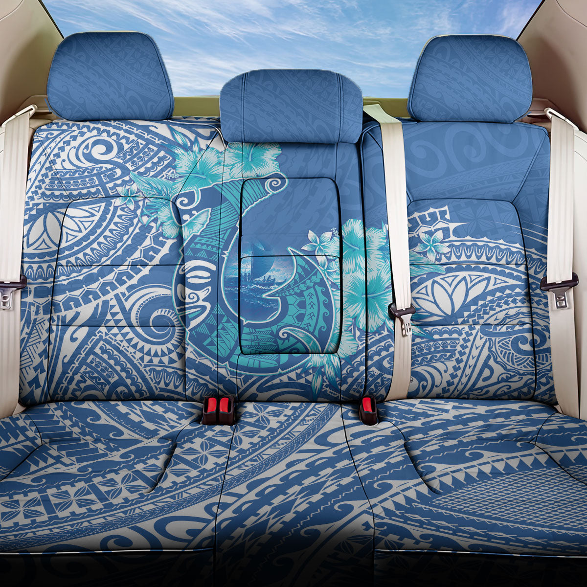 Hawaii Discoverers Day Back Car Seat Cover Polynesian Fish Hook With Hibiscus Blue LT05 One Size Blue - Polynesian Pride
