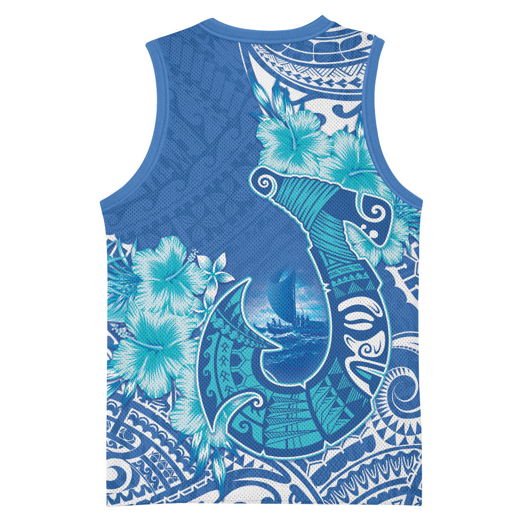Hawaii Discoverers Day Basketball Jersey Polynesian Fish Hook With Hibiscus Blue LT05 - Polynesian Pride