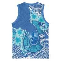 Hawaii Discoverers Day Basketball Jersey Polynesian Fish Hook With Hibiscus Blue LT05 - Polynesian Pride
