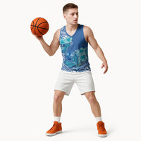 Hawaii Discoverers Day Basketball Jersey Polynesian Fish Hook With Hibiscus Blue LT05 - Polynesian Pride