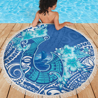 Hawaii Discoverers Day Beach Blanket Polynesian Fish Hook With Hibiscus Blue