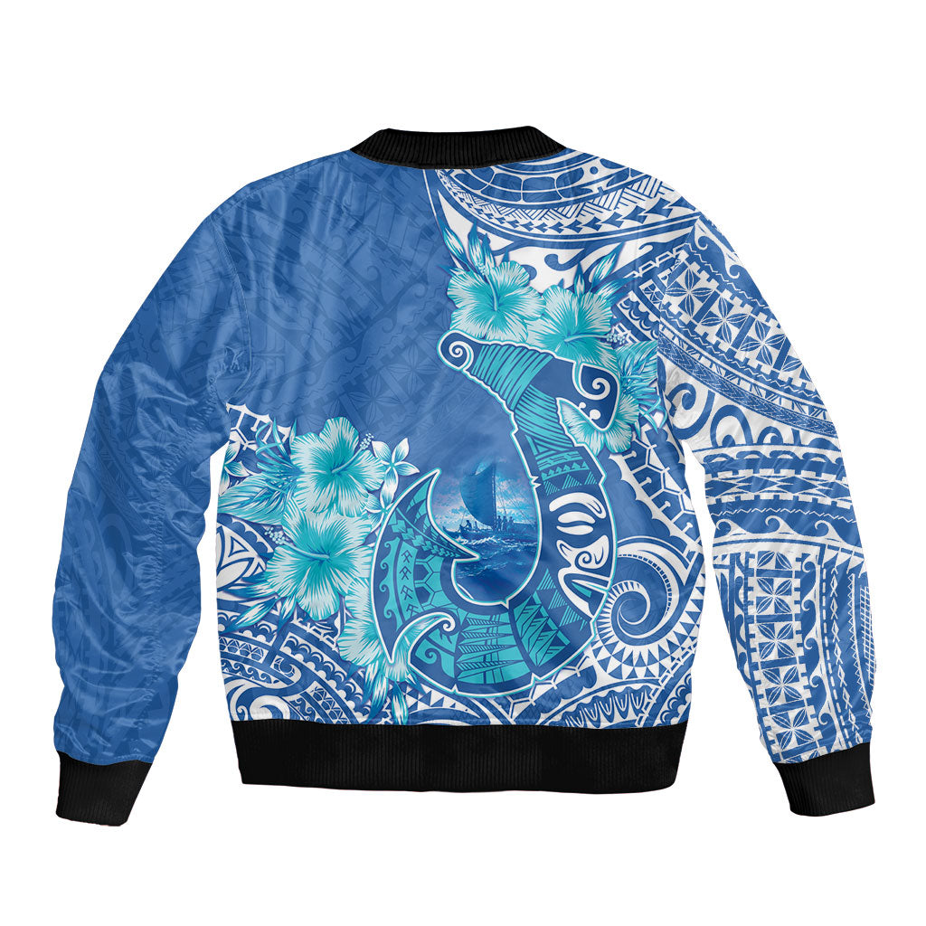 Hawaii Discoverers Day Bomber Jacket Polynesian Fish Hook With Hibiscus Blue