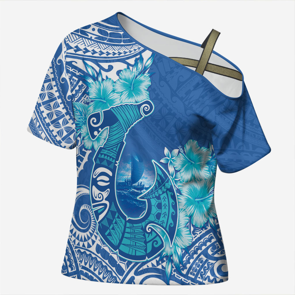 Hawaii Discoverers Day Cross Shoulder Shirt Polynesian Fish Hook With Hibiscus Blue LT05 Female Blue - Polynesian Pride