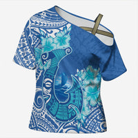 Hawaii Discoverers Day Cross Shoulder Shirt Polynesian Fish Hook With Hibiscus Blue LT05 Female Blue - Polynesian Pride