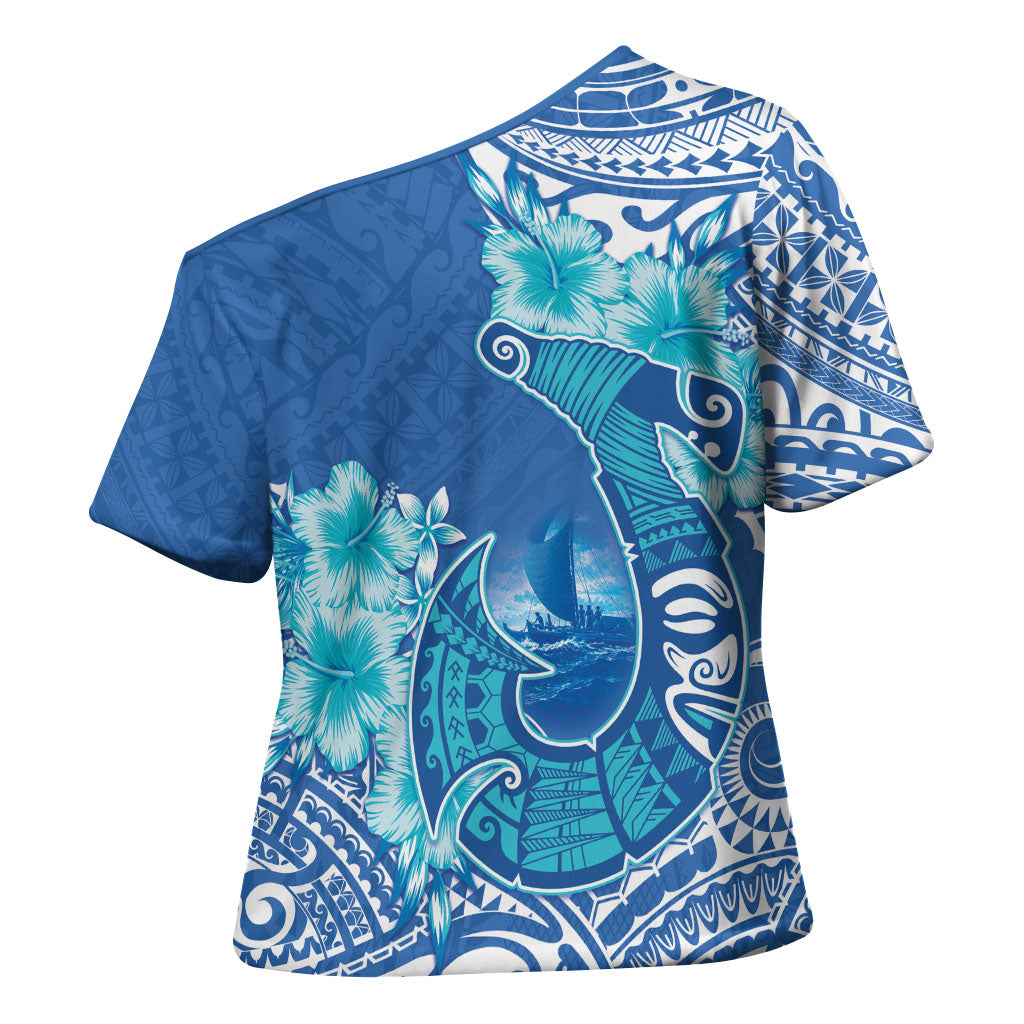 Hawaii Discoverers Day Cross Shoulder Shirt Polynesian Fish Hook With Hibiscus Blue LT05 - Polynesian Pride