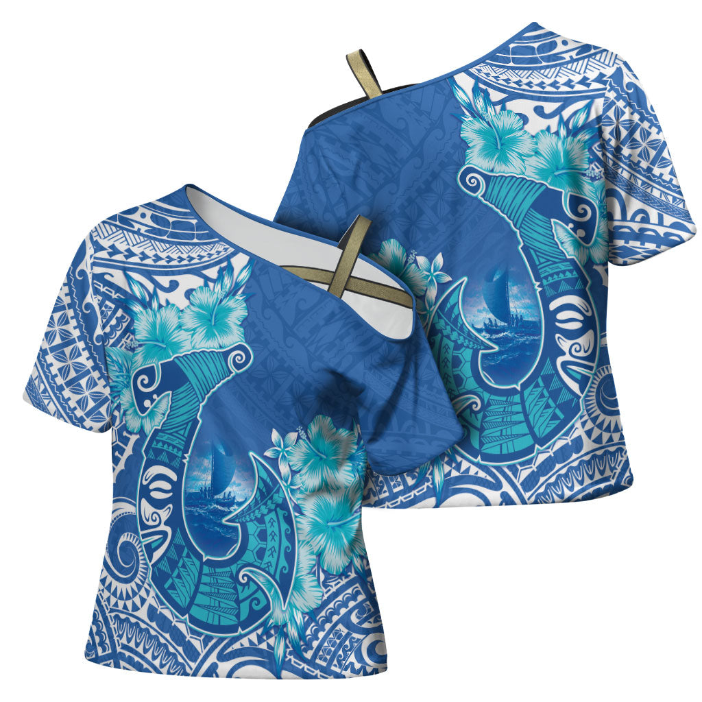 Hawaii Discoverers Day Cross Shoulder Shirt Polynesian Fish Hook With Hibiscus Blue LT05 - Polynesian Pride