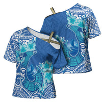 Hawaii Discoverers Day Cross Shoulder Shirt Polynesian Fish Hook With Hibiscus Blue LT05 - Polynesian Pride