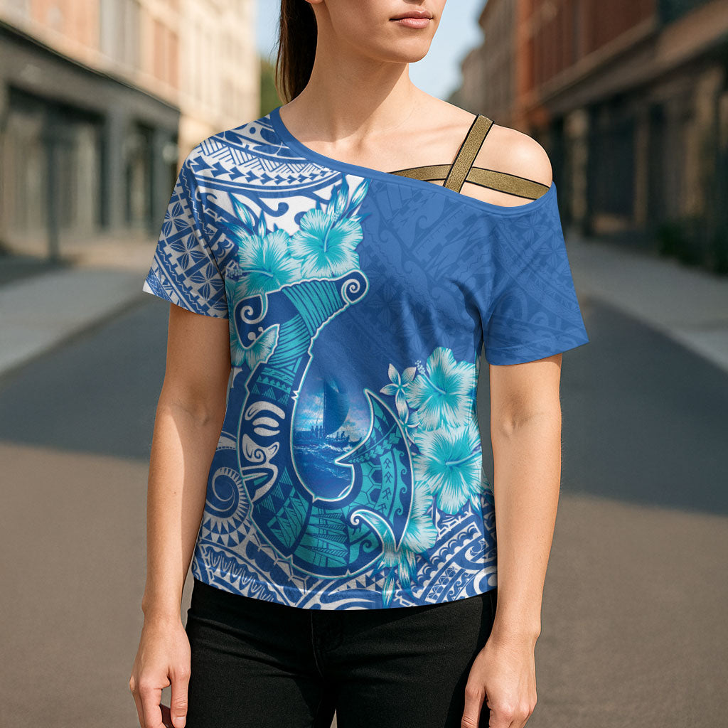 Hawaii Discoverers Day Cross Shoulder Shirt Polynesian Fish Hook With Hibiscus Blue LT05 - Polynesian Pride