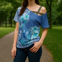 Hawaii Discoverers Day Cross Shoulder Shirt Polynesian Fish Hook With Hibiscus Blue LT05 - Polynesian Pride