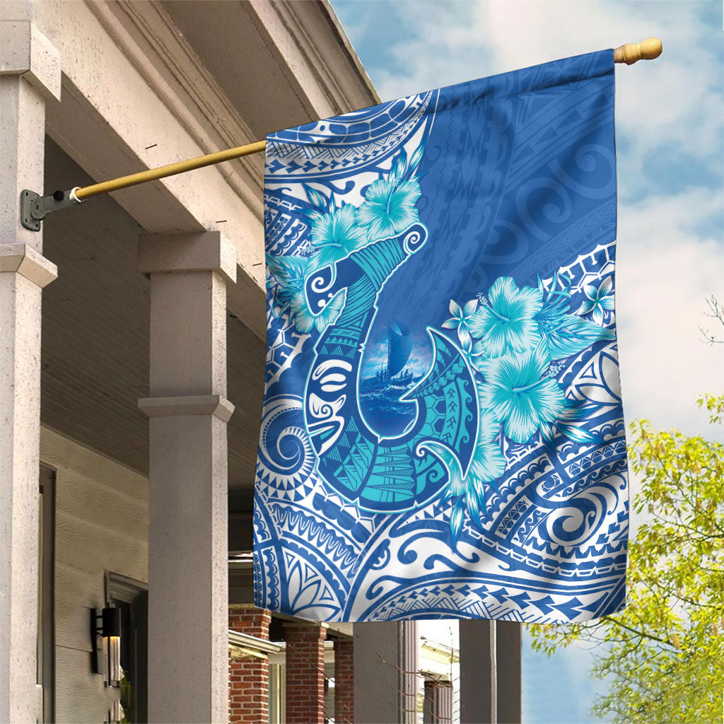 Hawaii Discoverers Day Garden Flag Polynesian Fish Hook With Hibiscus Blue LT05 House Flag Blue - Polynesian Pride