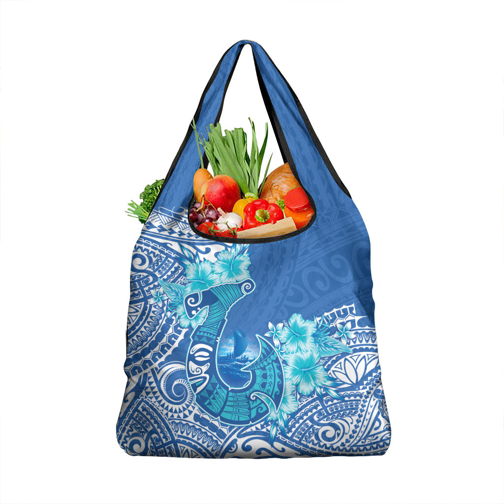 Hawaii Discoverers Day Grocery Bag Polynesian Fish Hook With Hibiscus Blue LT05 1-pack One Size Blue - Polynesian Pride