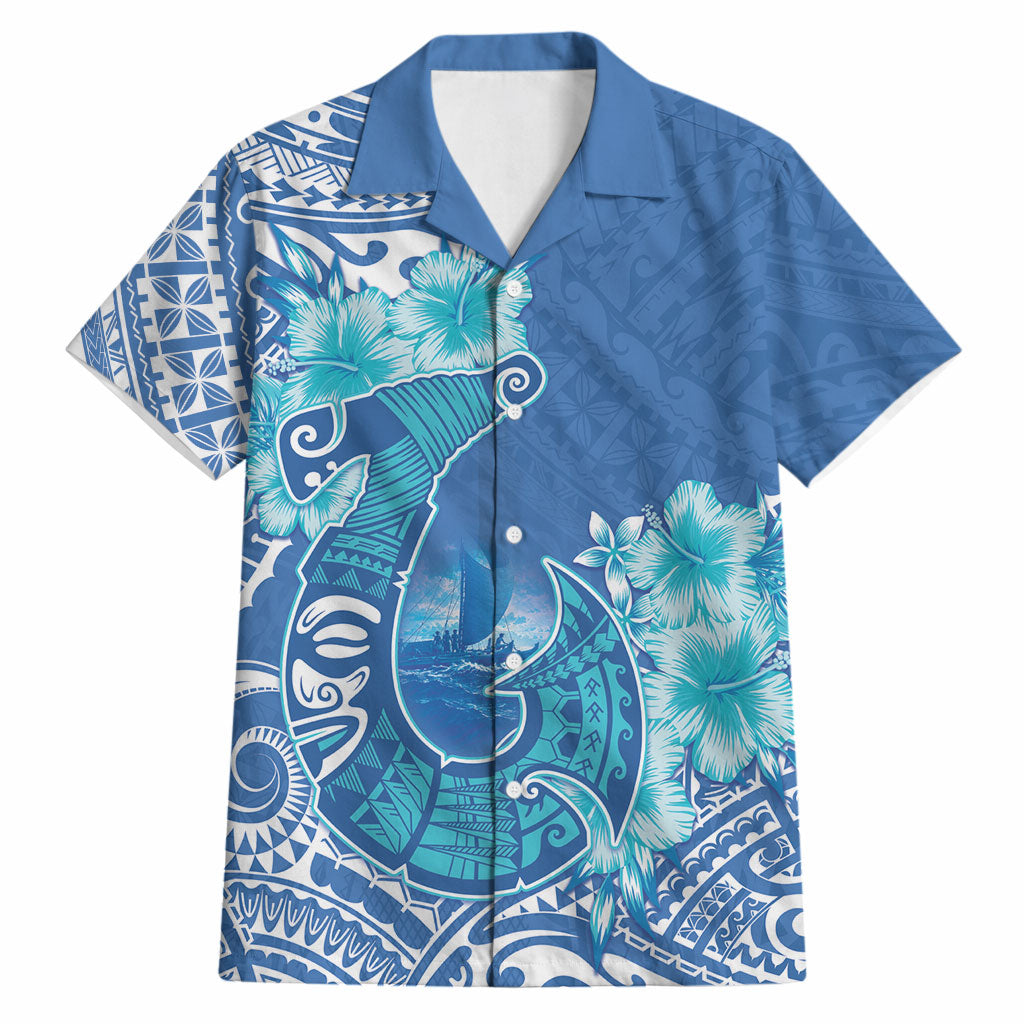 Hawaii Discoverers Day Hawaiian Shirt Polynesian Fish Hook With Hibiscus Blue LT05 Blue - Polynesian Pride