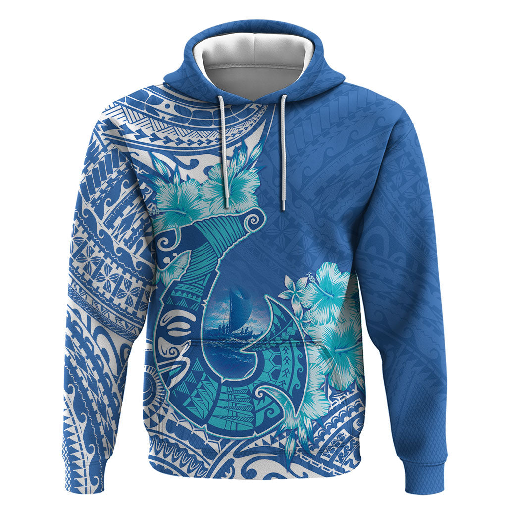 Hawaii Discoverers Day Hoodie Polynesian Fish Hook With Hibiscus Blue LT05 Pullover Hoodie Blue - Polynesian Pride
