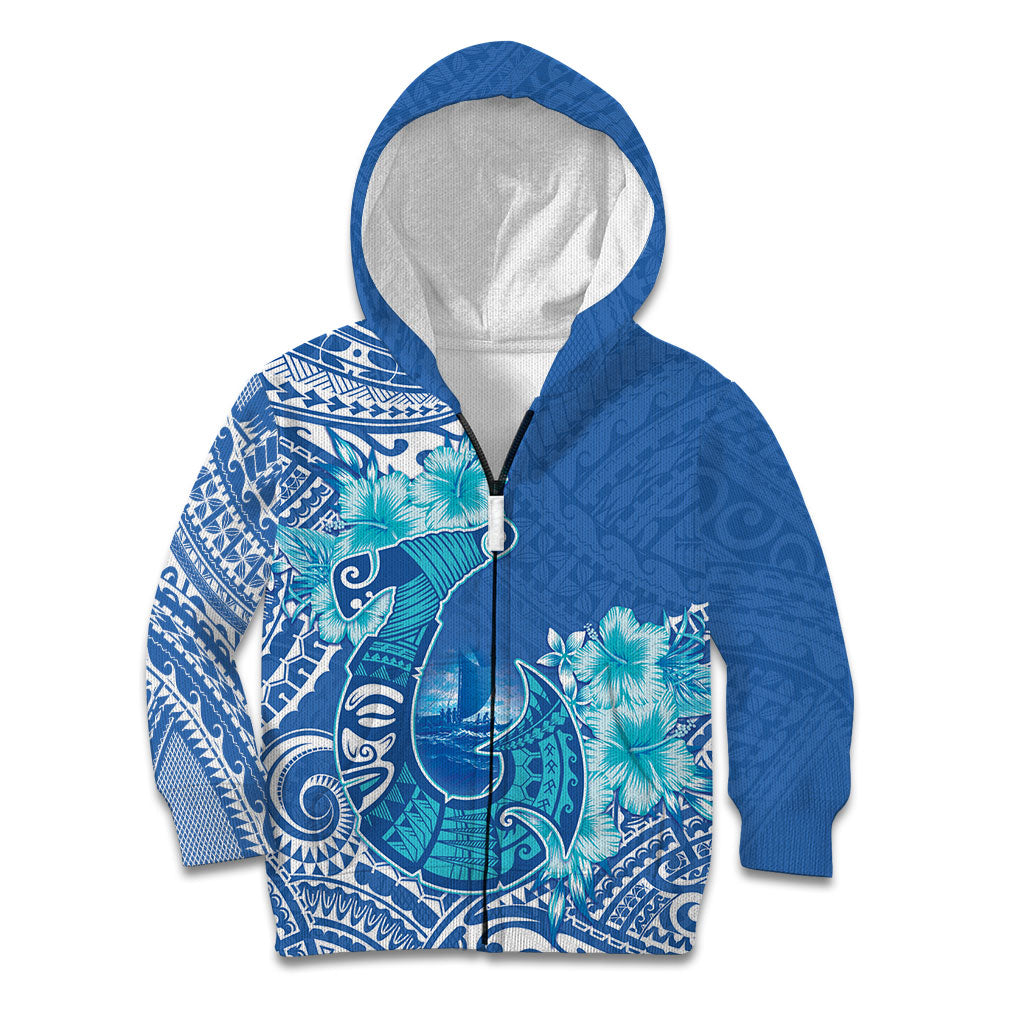 Hawaii Discoverers Day Kid Hoodie Polynesian Fish Hook With Hibiscus Blue LT05 Zip Hoodie Blue - Polynesian Pride