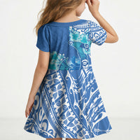 Hawaii Discoverers Day Kid Short Sleeve Dress Polynesian Fish Hook With Hibiscus Blue LT05 - Polynesian Pride