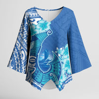 Hawaii Discoverers Day Kimono Sleeve Blouse Polynesian Fish Hook With Hibiscus Blue LT05 Female Blue - Polynesian Pride