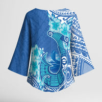 Hawaii Discoverers Day Kimono Sleeve Blouse Polynesian Fish Hook With Hibiscus Blue LT05 - Polynesian Pride