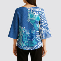 Hawaii Discoverers Day Kimono Sleeve Blouse Polynesian Fish Hook With Hibiscus Blue LT05 - Polynesian Pride