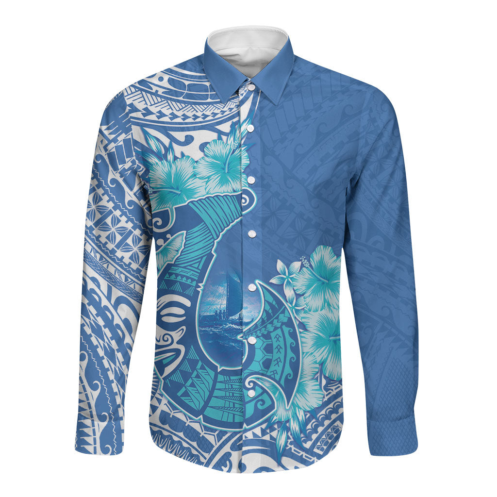 Hawaii Discoverers Day Long Sleeve Button Shirt Polynesian Fish Hook With Hibiscus Blue LT05 Unisex Blue - Polynesian Pride