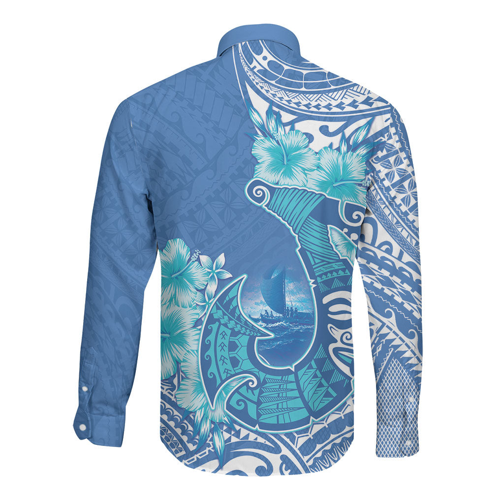 Hawaii Discoverers Day Long Sleeve Button Shirt Polynesian Fish Hook With Hibiscus Blue LT05 - Polynesian Pride