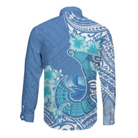 Hawaii Discoverers Day Long Sleeve Button Shirt Polynesian Fish Hook With Hibiscus Blue LT05 - Polynesian Pride