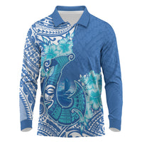 Hawaii Discoverers Day Long Sleeve Polo Shirt Polynesian Fish Hook With Hibiscus Blue LT05 Blue - Polynesian Pride