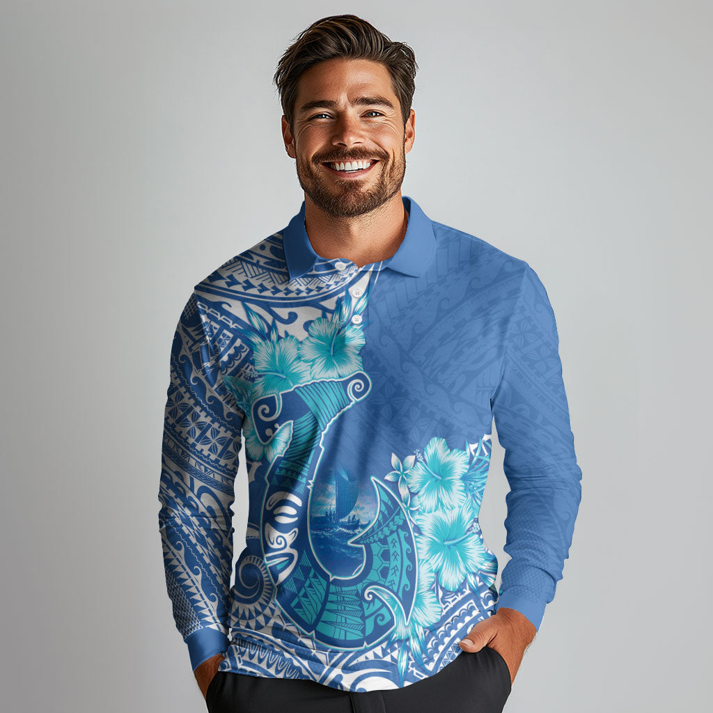 Hawaii Discoverers Day Long Sleeve Polo Shirt Polynesian Fish Hook With Hibiscus Blue LT05 - Polynesian Pride