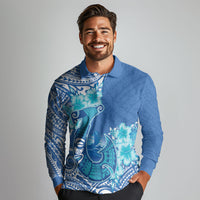 Hawaii Discoverers Day Long Sleeve Polo Shirt Polynesian Fish Hook With Hibiscus Blue LT05 - Polynesian Pride