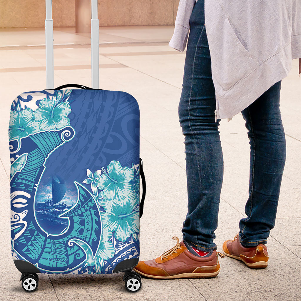 Hawaii Discoverers Day Luggage Cover Polynesian Fish Hook With Hibiscus Blue LT05 Blue - Polynesian Pride