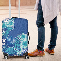 Hawaii Discoverers Day Luggage Cover Polynesian Fish Hook With Hibiscus Blue LT05 Blue - Polynesian Pride