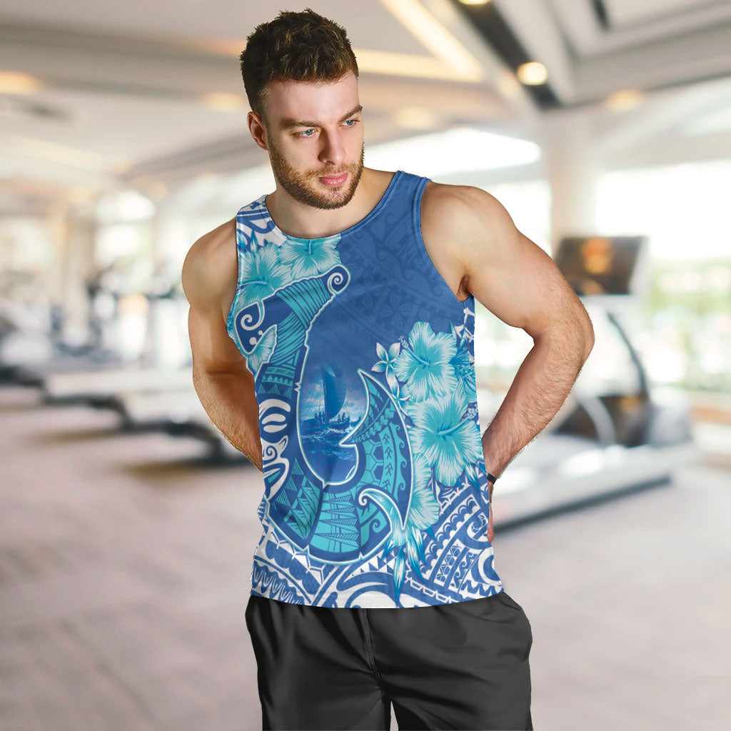 Hawaii Discoverers Day Men Tank Top Polynesian Fish Hook With Hibiscus Blue LT05 Blue - Polynesian Pride