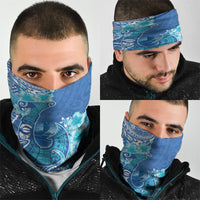 Hawaii Discoverers Day Neck Gaiter Polynesian Fish Hook With Hibiscus Blue