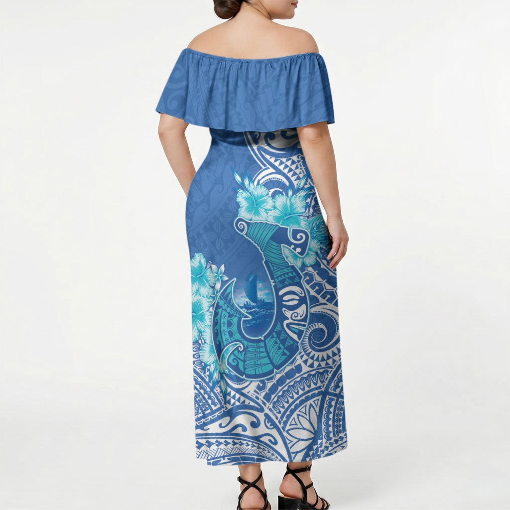 Hawaii Discoverers Day Off Shoulder Maxi Dress Polynesian Fish Hook With Hibiscus Blue LT05 - Polynesian Pride