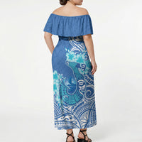 Hawaii Discoverers Day Off Shoulder Maxi Dress Polynesian Fish Hook With Hibiscus Blue LT05 - Polynesian Pride
