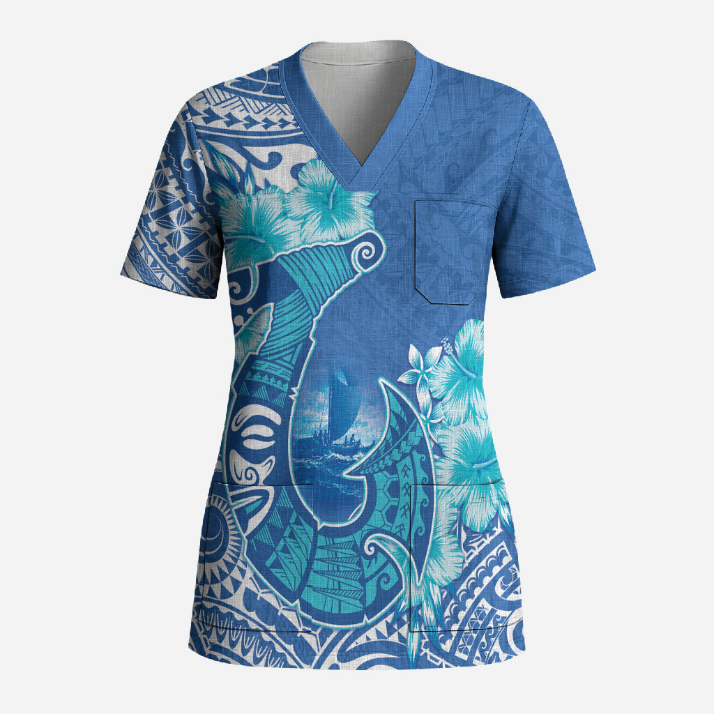 Hawaii Discoverers Day Scrub Top Polynesian Fish Hook With Hibiscus Blue LT05 Adult Blue - Polynesian Pride