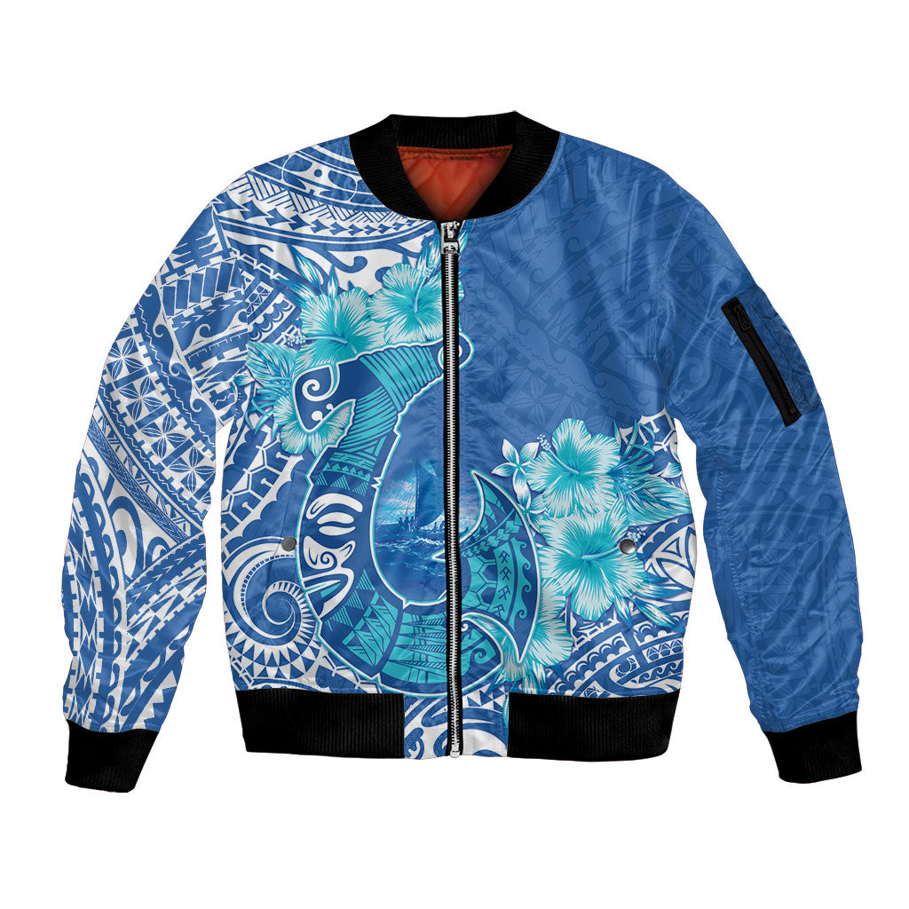 Hawaii Discoverers Day Sleeve Zip Bomber Jacket Polynesian Fish Hook With Hibiscus Blue LT05 Unisex Blue - Polynesian Pride