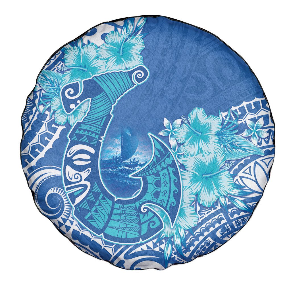 Hawaii Discoverers Day Spare Tire Cover Polynesian Fish Hook With Hibiscus Blue LT05 - Polynesian Pride