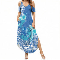 Hawaii Discoverers Day Summer Maxi Dress Polynesian Fish Hook With Hibiscus Blue LT05 Women Blue - Polynesian Pride