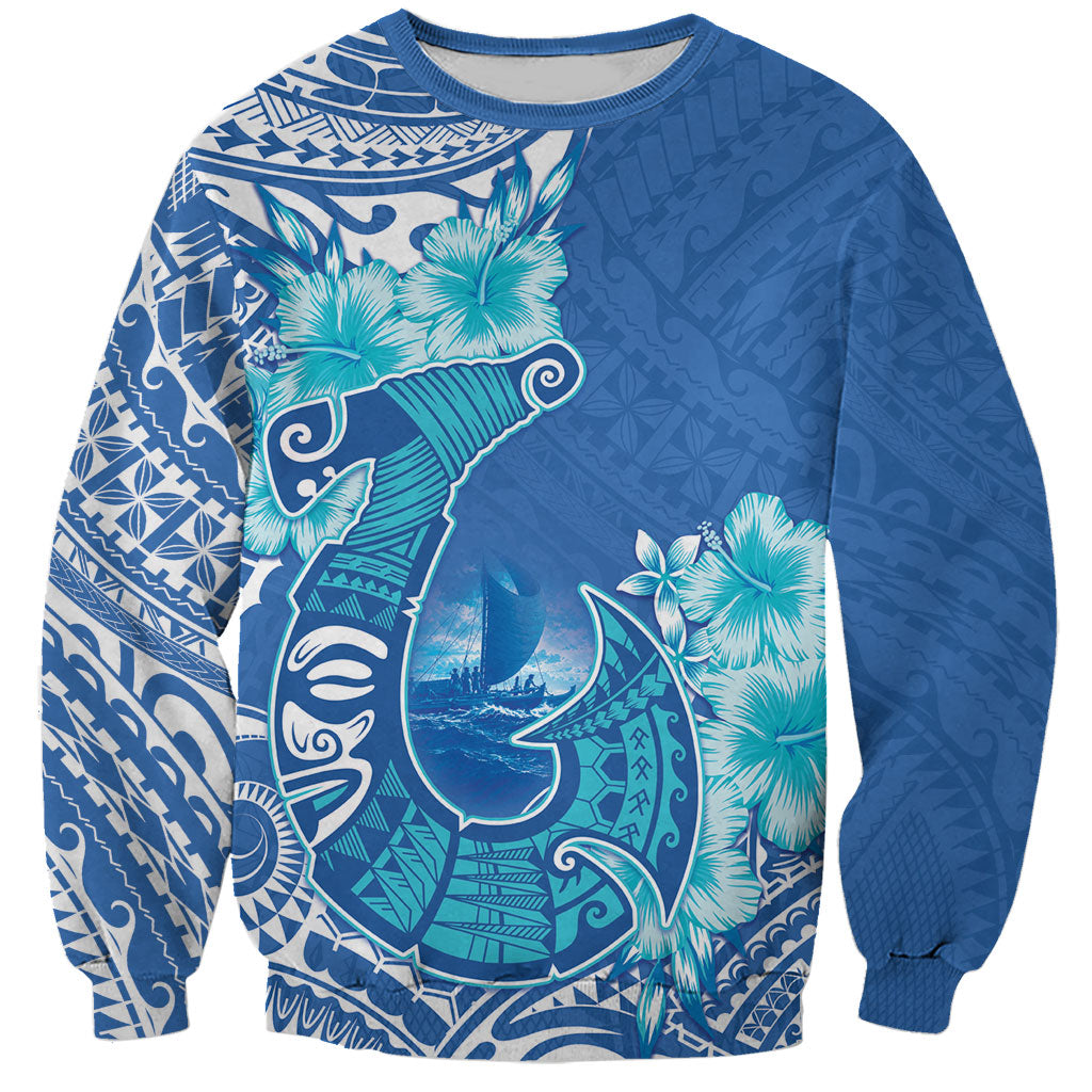 Hawaii Discoverers Day Sweatshirt Polynesian Fish Hook With Hibiscus Blue LT05 Unisex Blue - Polynesian Pride